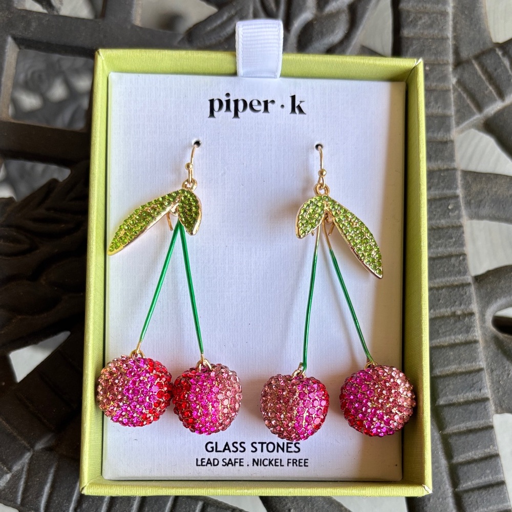 New!! Piper K Cherry Earrings with Pink and Green Stones